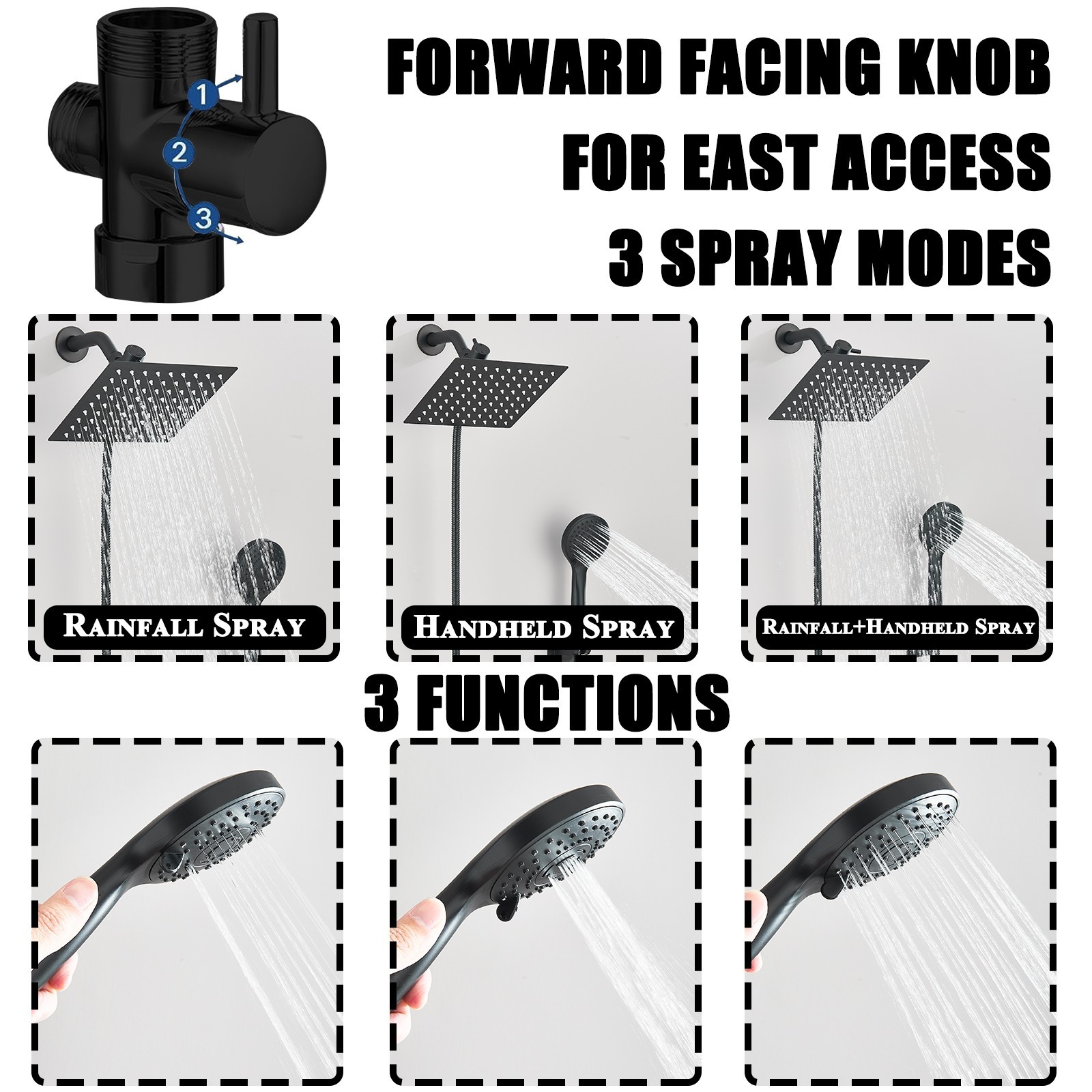 Black Shower Head with handheld Spray High Pressure 8 inch Rain Showerhead Combo