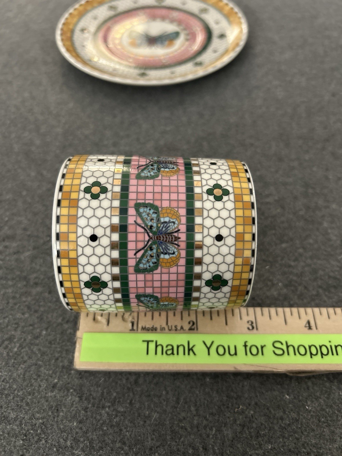 Anthropologie Bistro Tile Espresso Cup Saucer Set Pink Butterfly 24K Gold NEW