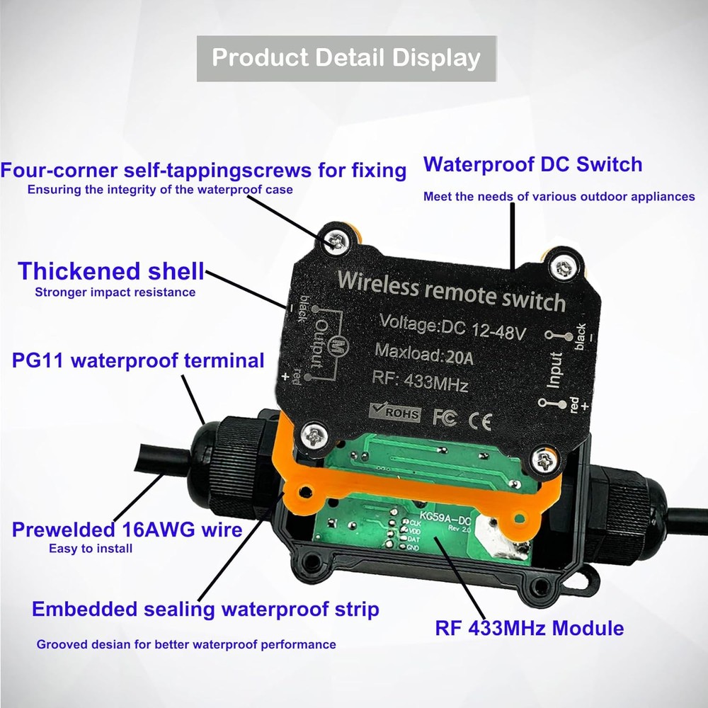 Remote Control Switch,DC12/24/48V Waterproof DC12V 20A Relay, Black