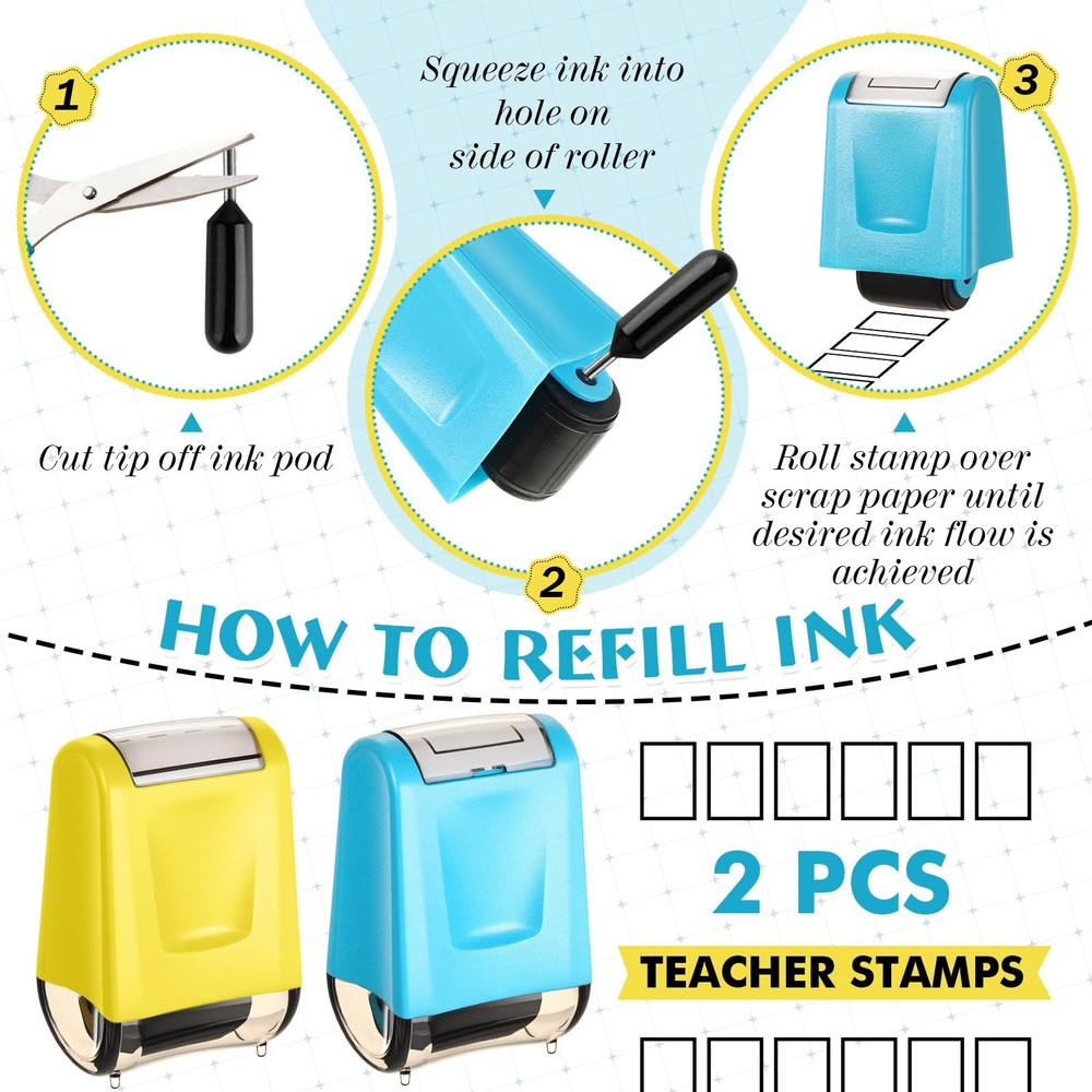 2 Pcs Teacher Stamps Square Grids Dashed Lines Refillable Self Ink Roller