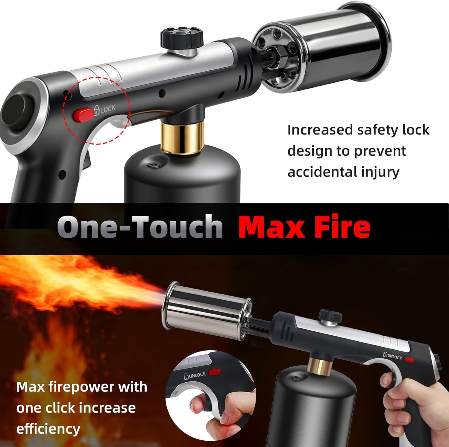 Powerful Propane Torch，Flame Thrower Gun with One-Touch Max Fire, Kitchen Cookin