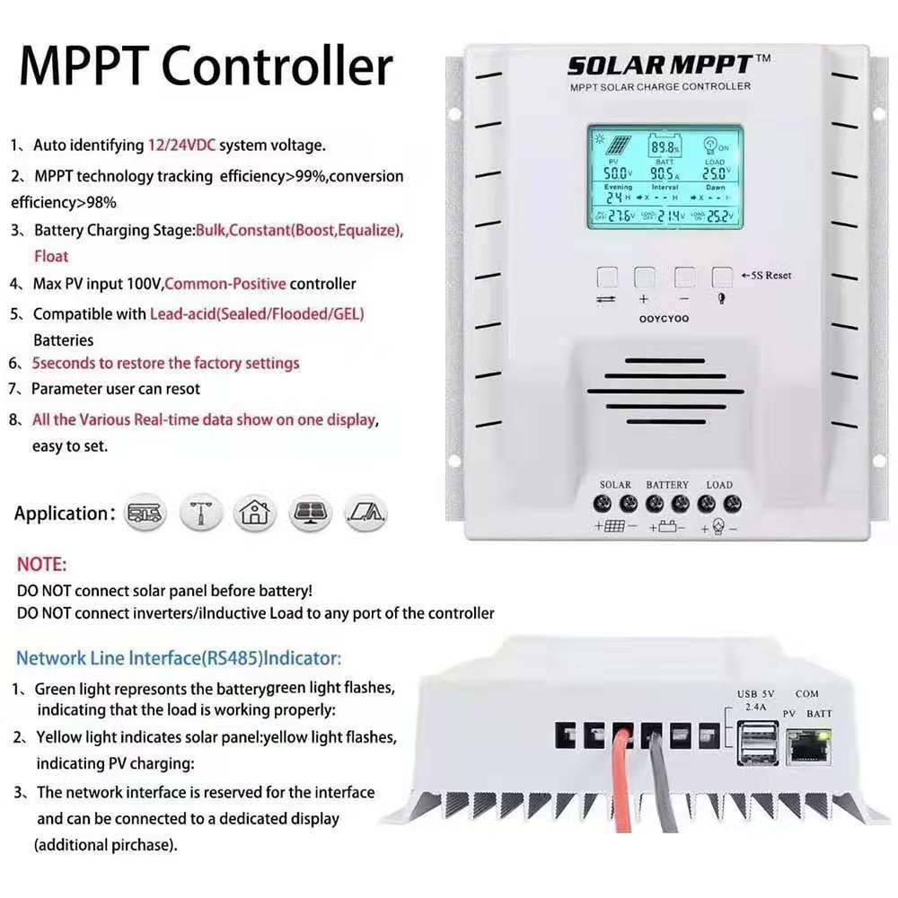 100A 80A 60A-20A MPPT Solar Panel Regulator Charge Controller 12V/24V PV 100V A2