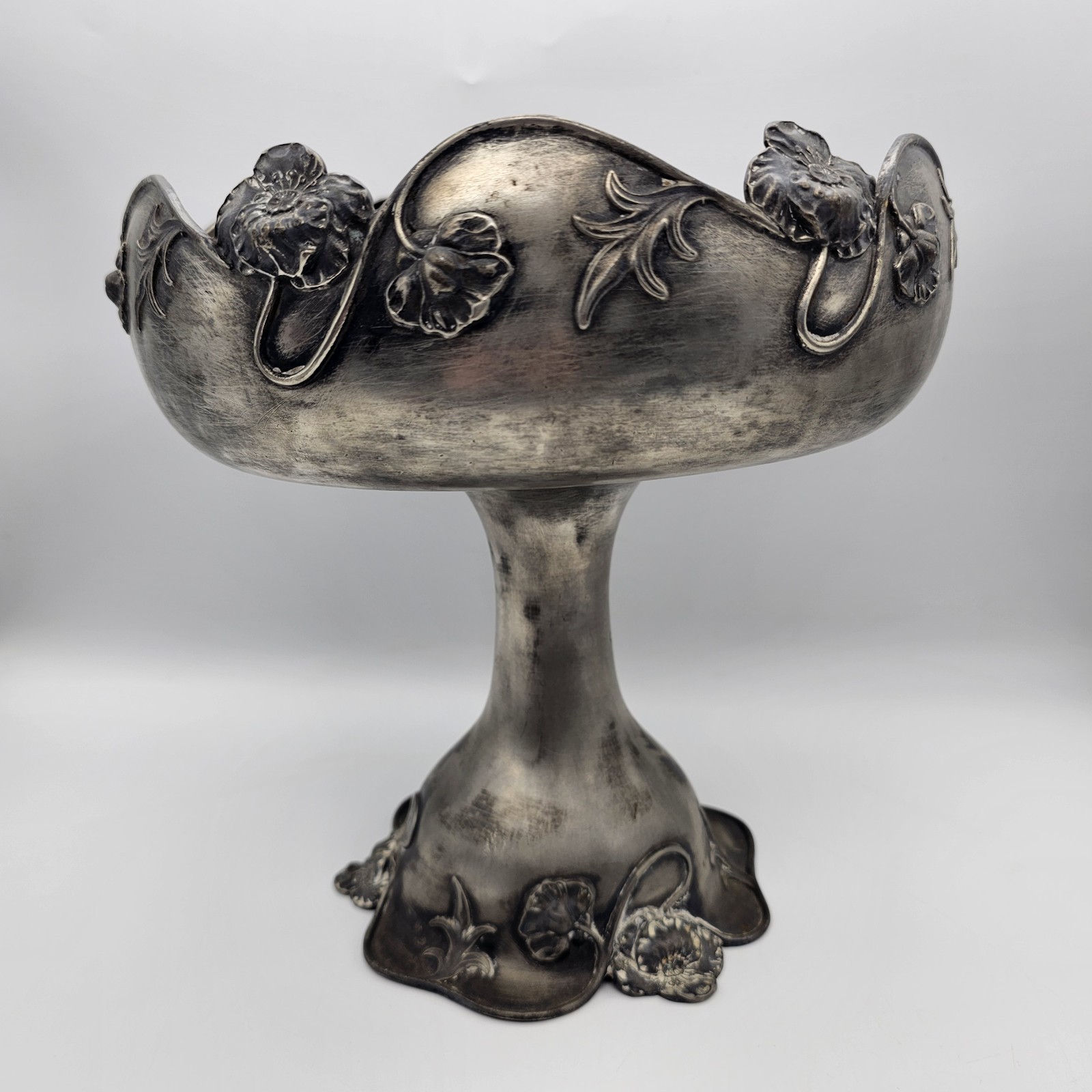 20th Century Art Nouveau Silverplate Pedestal Compote With Floral Relief