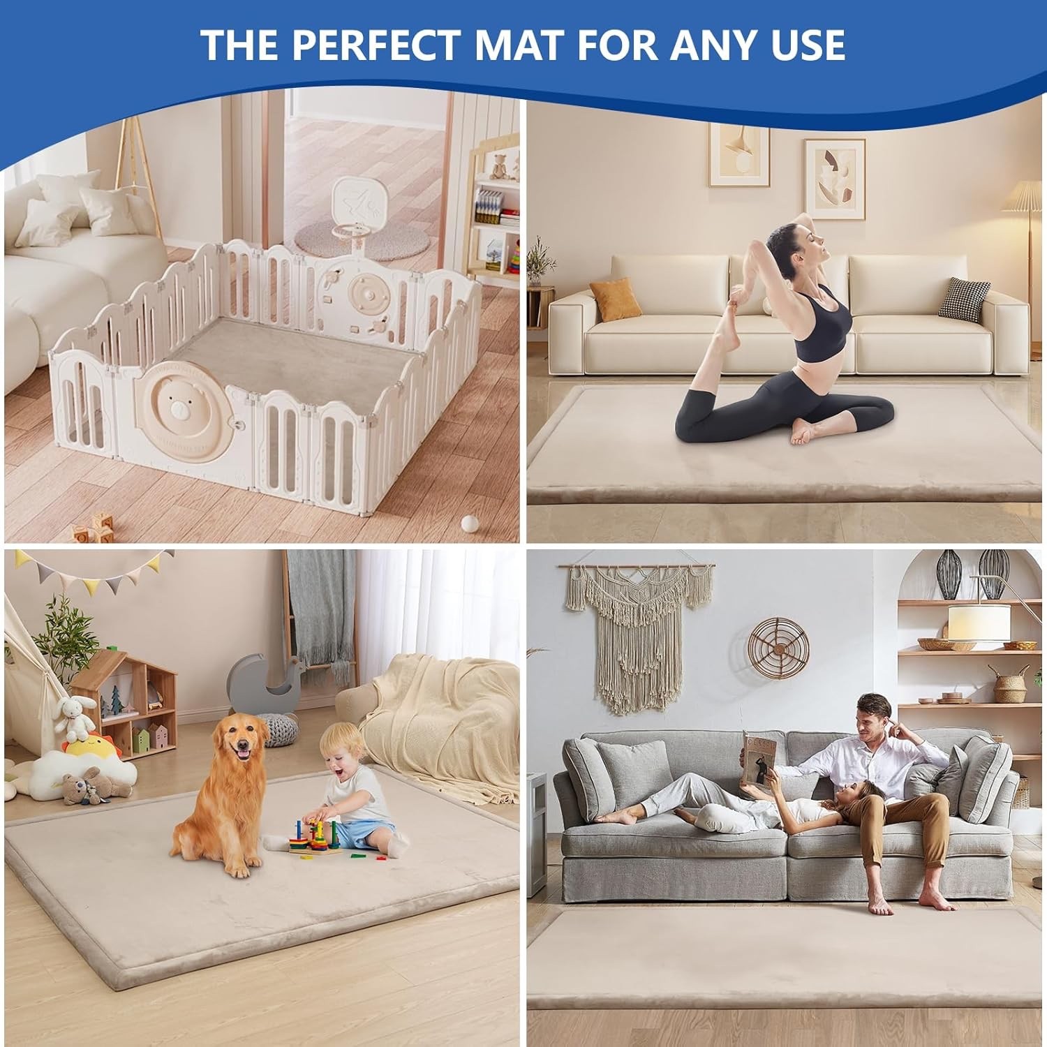 Baby Play Mat for Floor, 79"L x 59"W 1.3" Thick Memory Foam beige