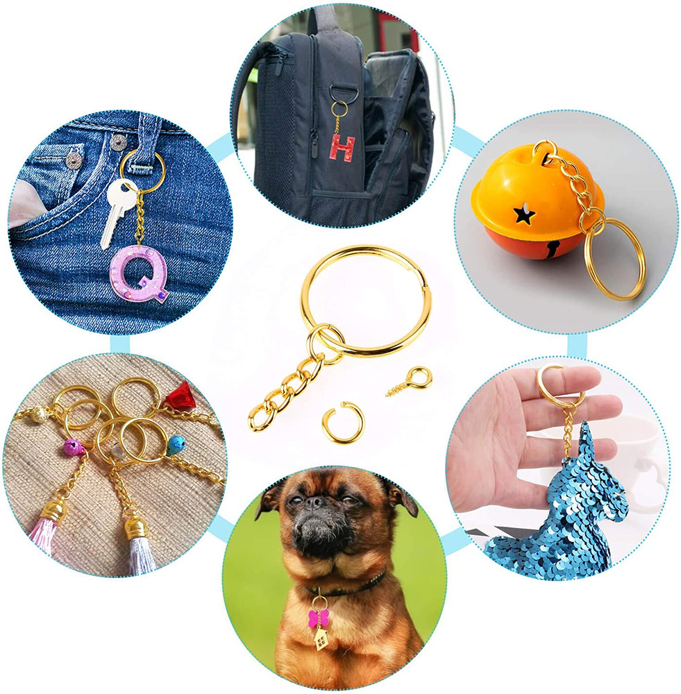 Keychain Rings Kit for Crafts Gold, Includes 100Pcs Split Key Ring with Chain,