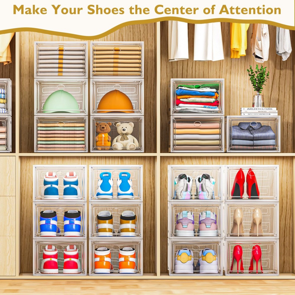 7 code Large Clear Shoe Boxes Organizer【Thicker Material】 9 pcs, White