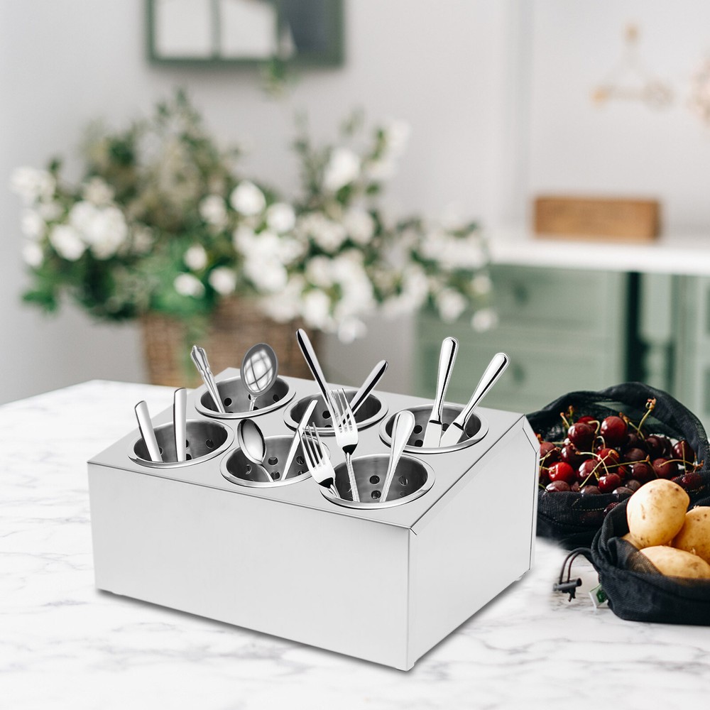6-Hole Stainless Flatware Storage Case Spoon Cylinder Holder Knife Container