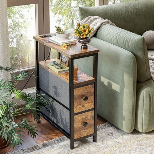 End Table with Charging Station, Narrow Side Table with 2 Fabric Rustic Brown