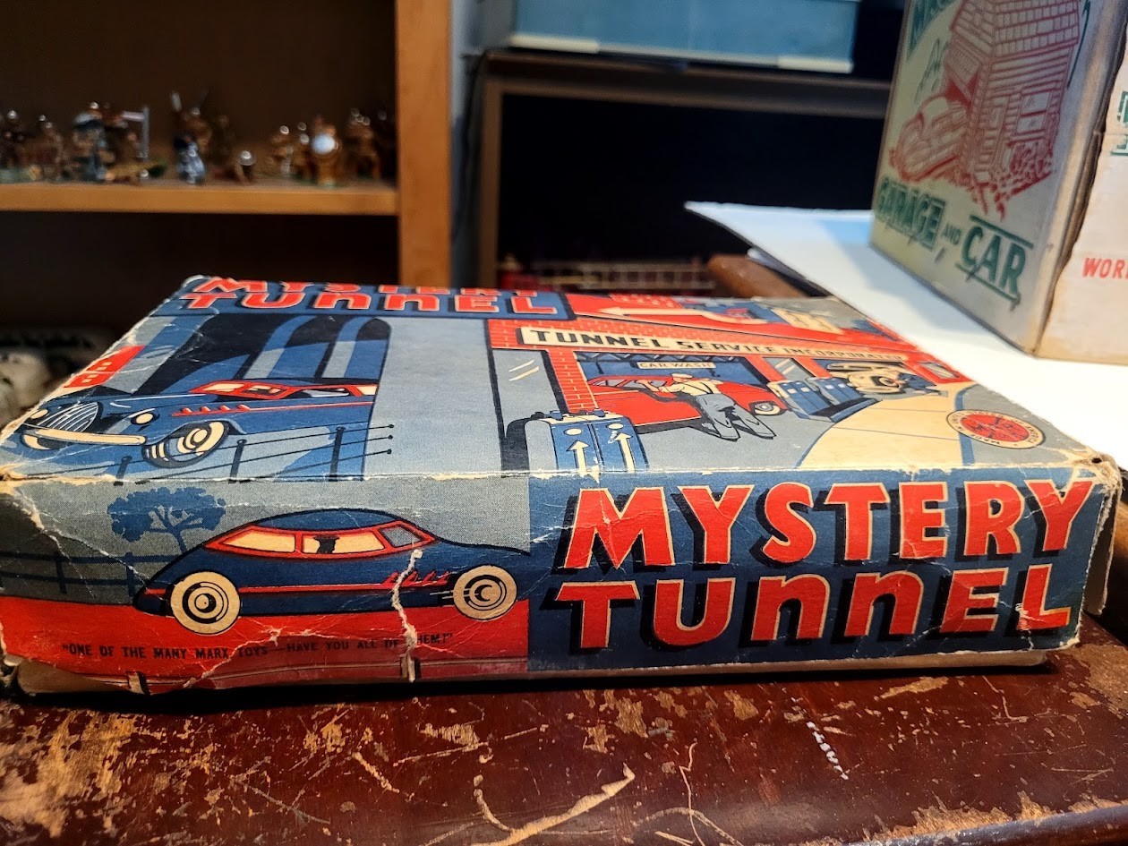 NICE SELDO SEEN Vintage 1930's MARX MYSTERY TUNNEL W/ TWO WIND UP CARS in BOX