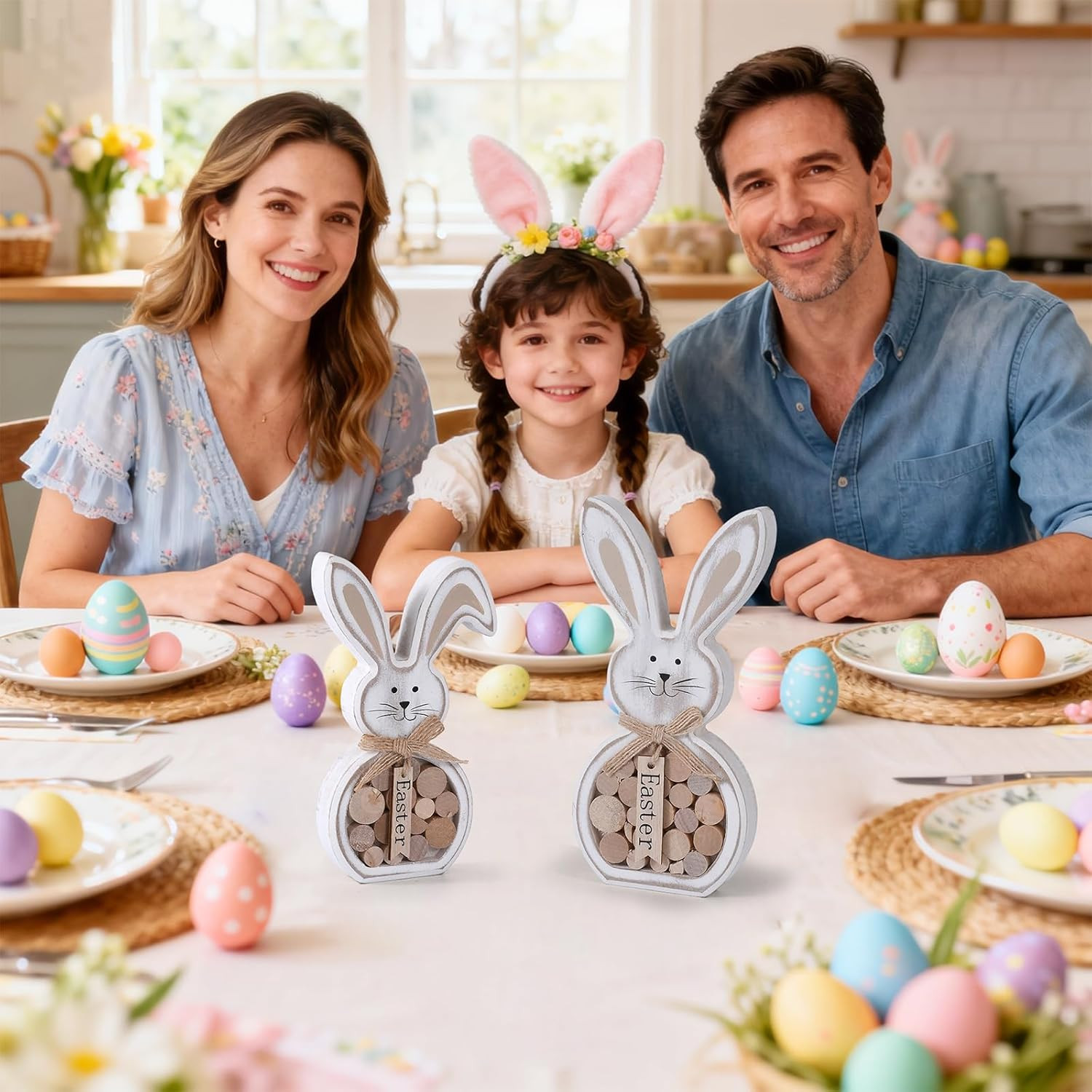 Easter Decorations, 2Pcs Easter Table Decorations for Home,Farmhouse Retro Woode