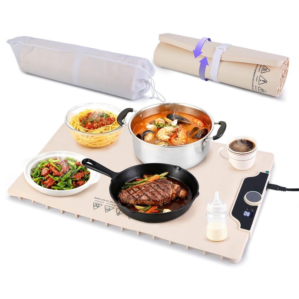 Electric Food Warming Tray Adjustable Temperature Timer Portable Heating Mat