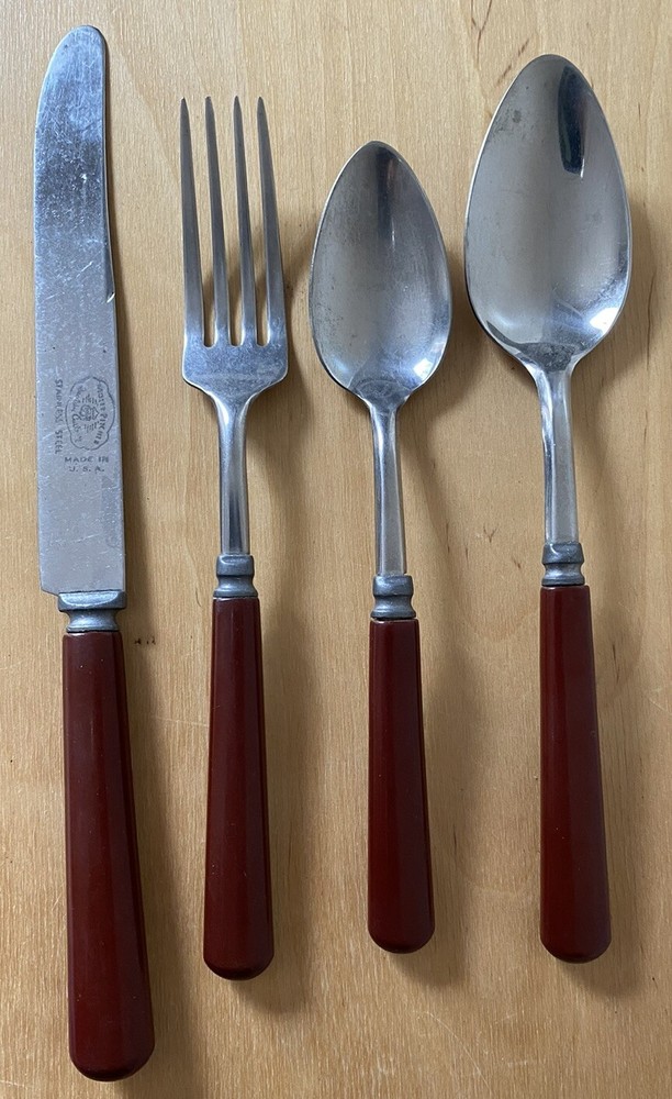 Brown  Bakelite  Flatware 2 Spoons, Fork, Knife Vintage