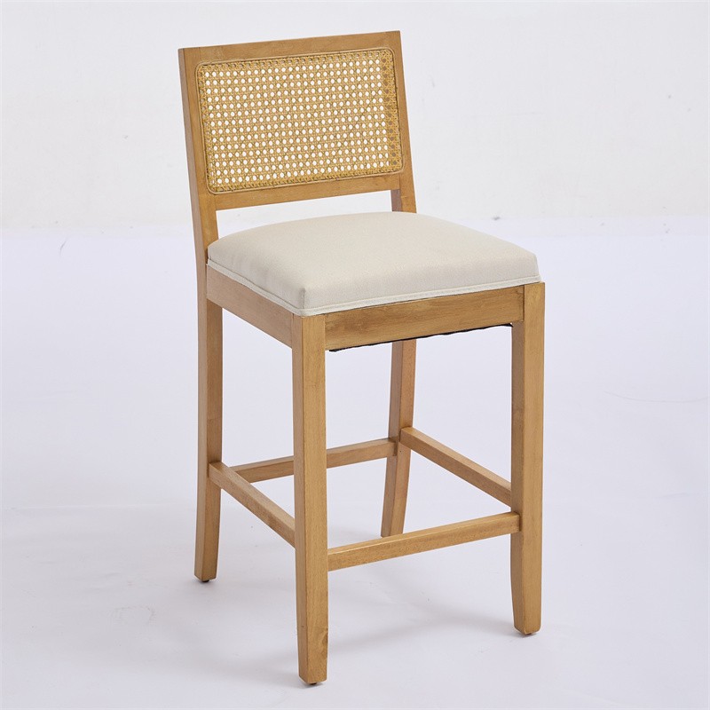 Set of 2 Solid Wood Rattan Bar Stools Comfort Linen Cushion High-Resilience Foam