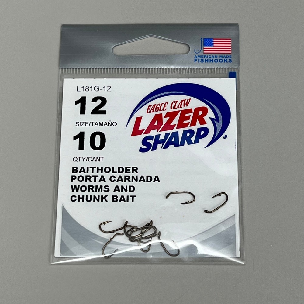 EAGLE CLAW (5 PACK) Lazer Sharp Down eye Baitholder Hook Bronze #12 10pc L181G-1