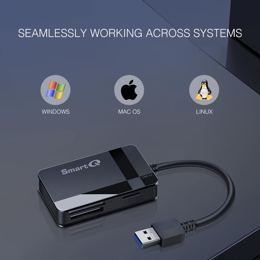 SmartQ C368 USB 3.0 Card Reader - Plug & Play, Compatible with Regular, Black