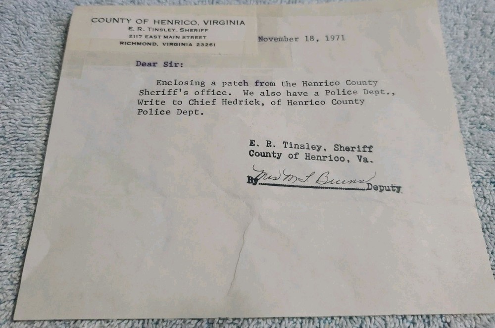 Vtg Obsolete Henrico Co VA Sheriffs Patch With Note