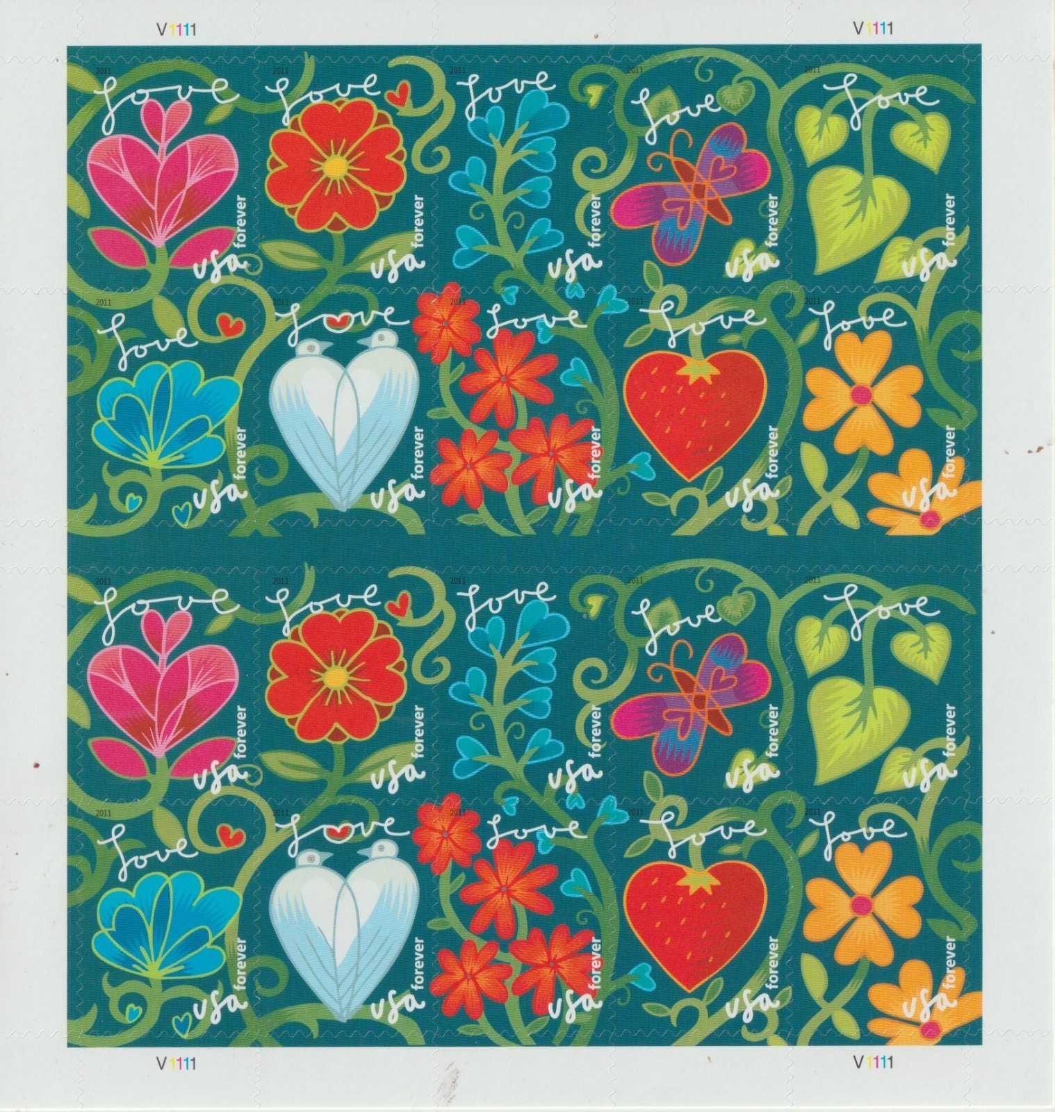 USPS GARDEN OF LOVE (2011) - Sheet of 20 Stamps Sent from OKC, OK