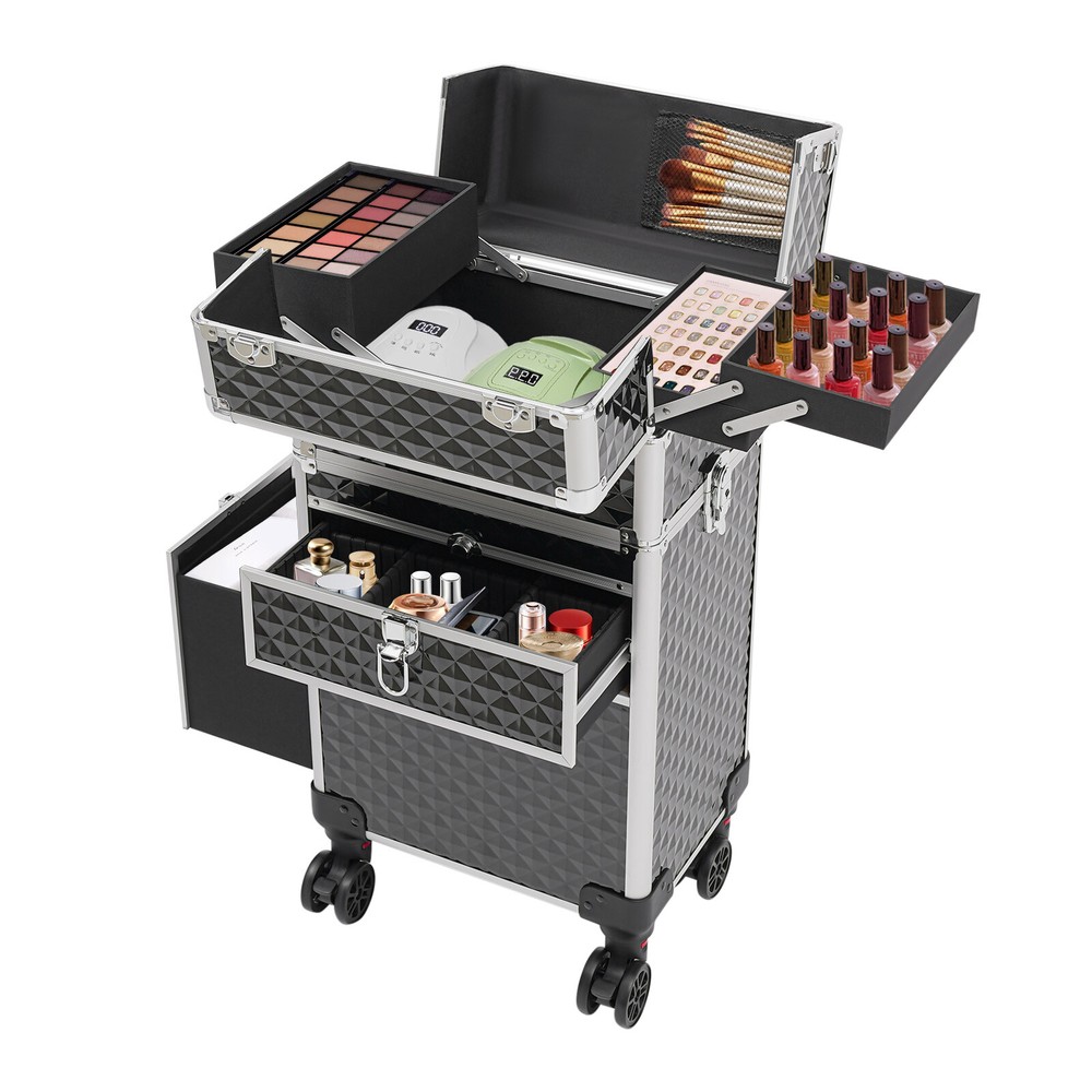 Professional Rolling Makeup Train Case, Multi-functional Cosmetic Trolley, Large