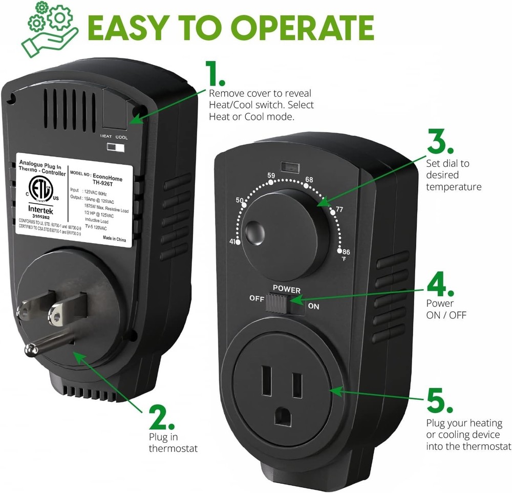 EconoHome Adjustable Thermostat-Universal Plugin Heating & Cooling