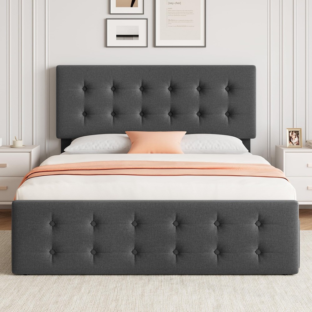 Full Size Bed Frame & Headboard Upholstered Platform w/4 Storage Drawers Modern