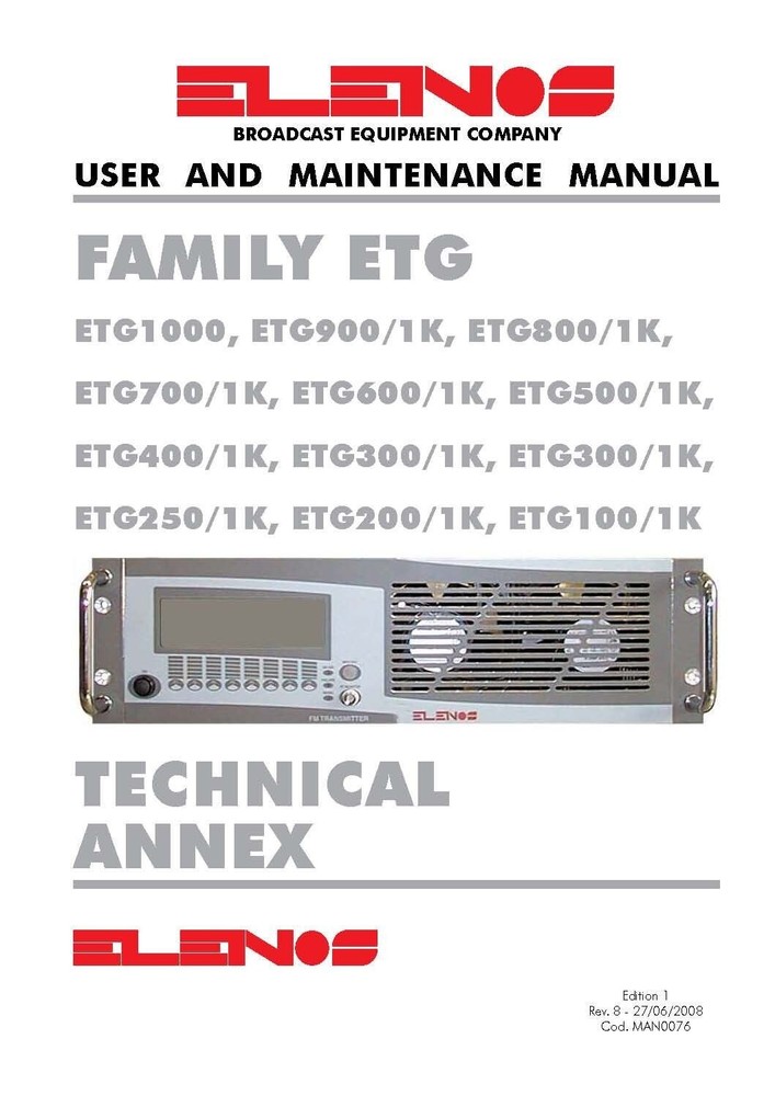 USER AND MAINTENANCE MANUAL for Transmitter FM  Elenos Family ETG - 88/108 Mhz