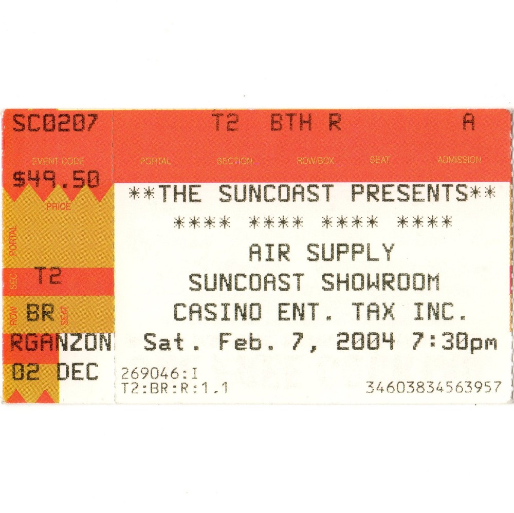 AIR SUPPLY Concert Ticket Stub LAS VEGAS 2/7/04 NEVADA SUNCOAST CASINO rare