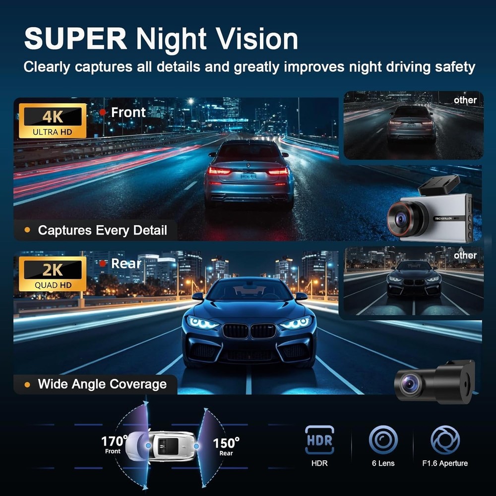 Advanced 4K Dash Camera with Touchscreen, Night Vision & 64GB Card - Easy Setup