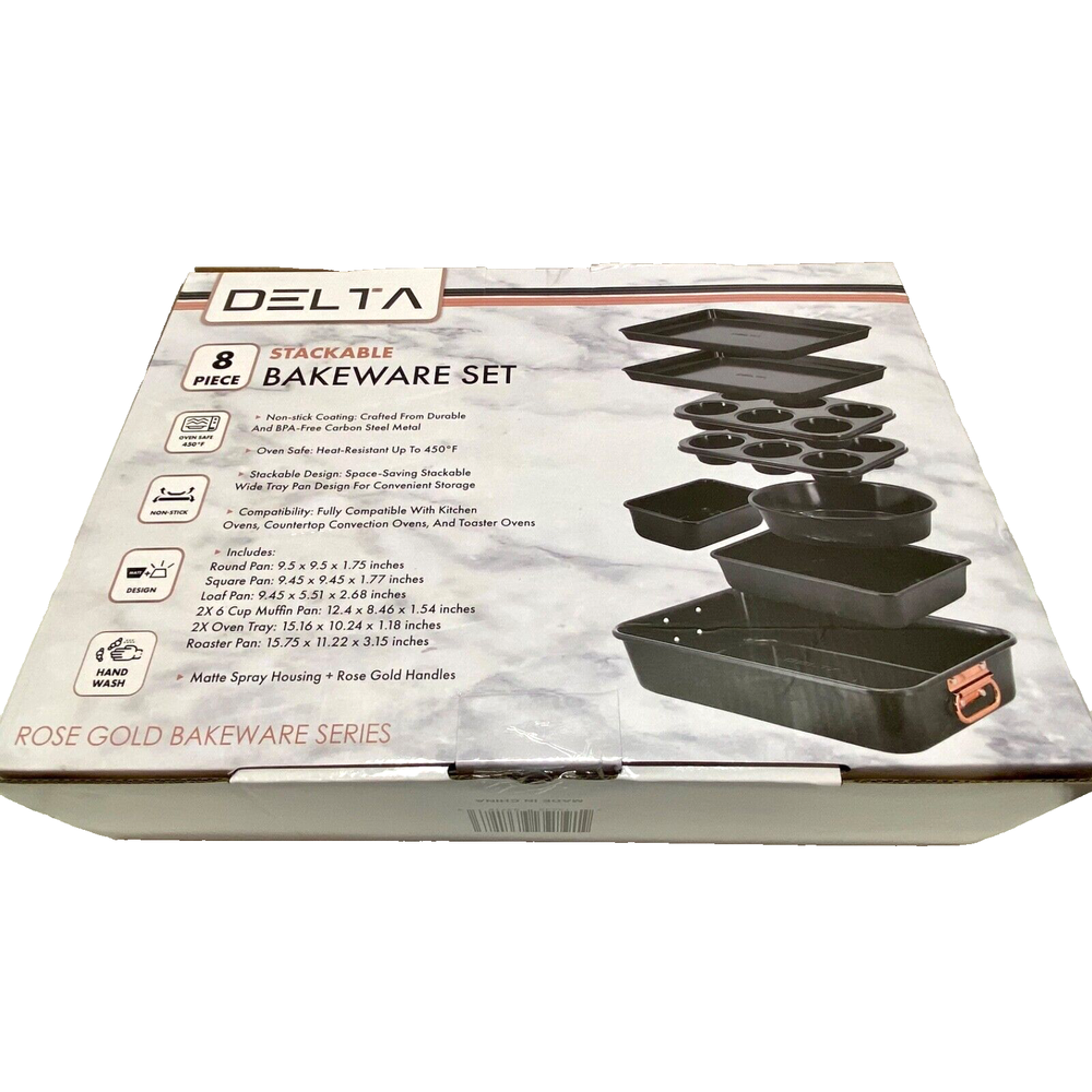 Delta 8 Piece Nonstick Stackable Bakeware Set Matte Black Rose Gold Trim NIB