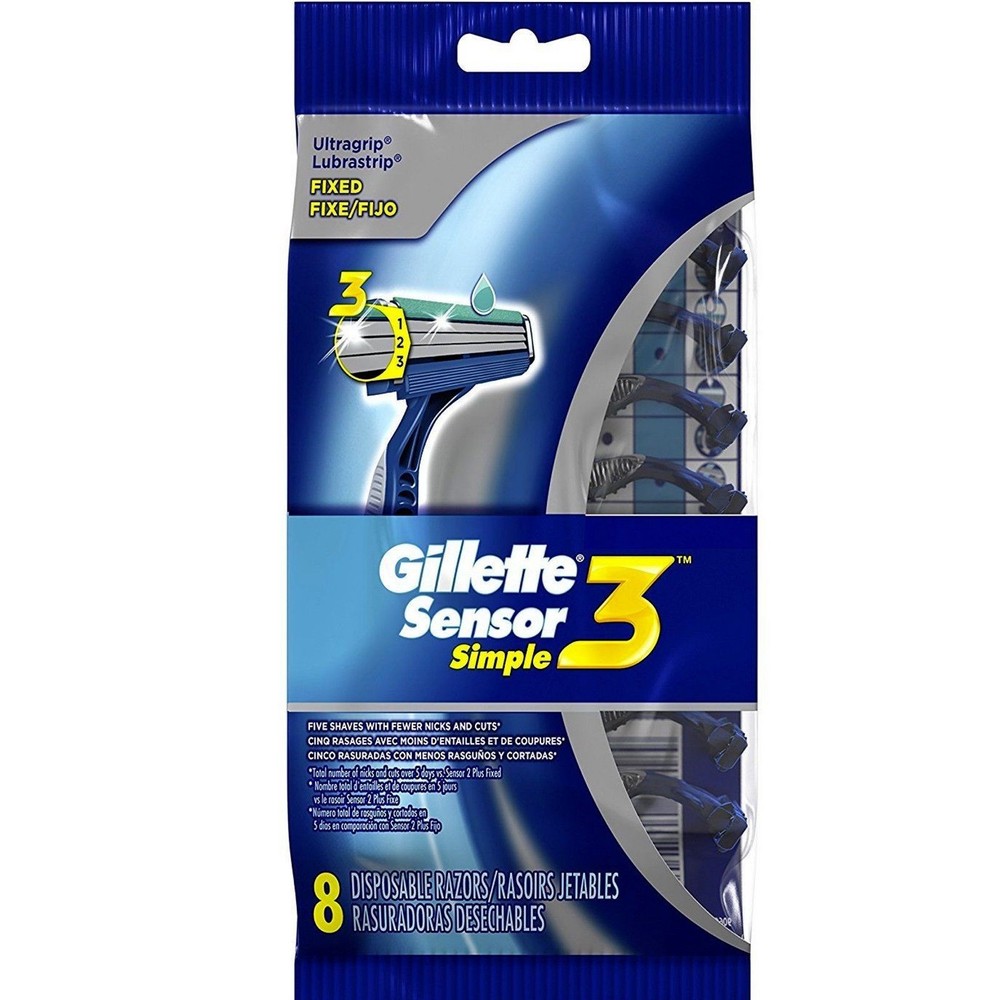 Gillette Sensor Simple Men's 3-Blade Fixed Head Disposable Razor 8 Count Pack