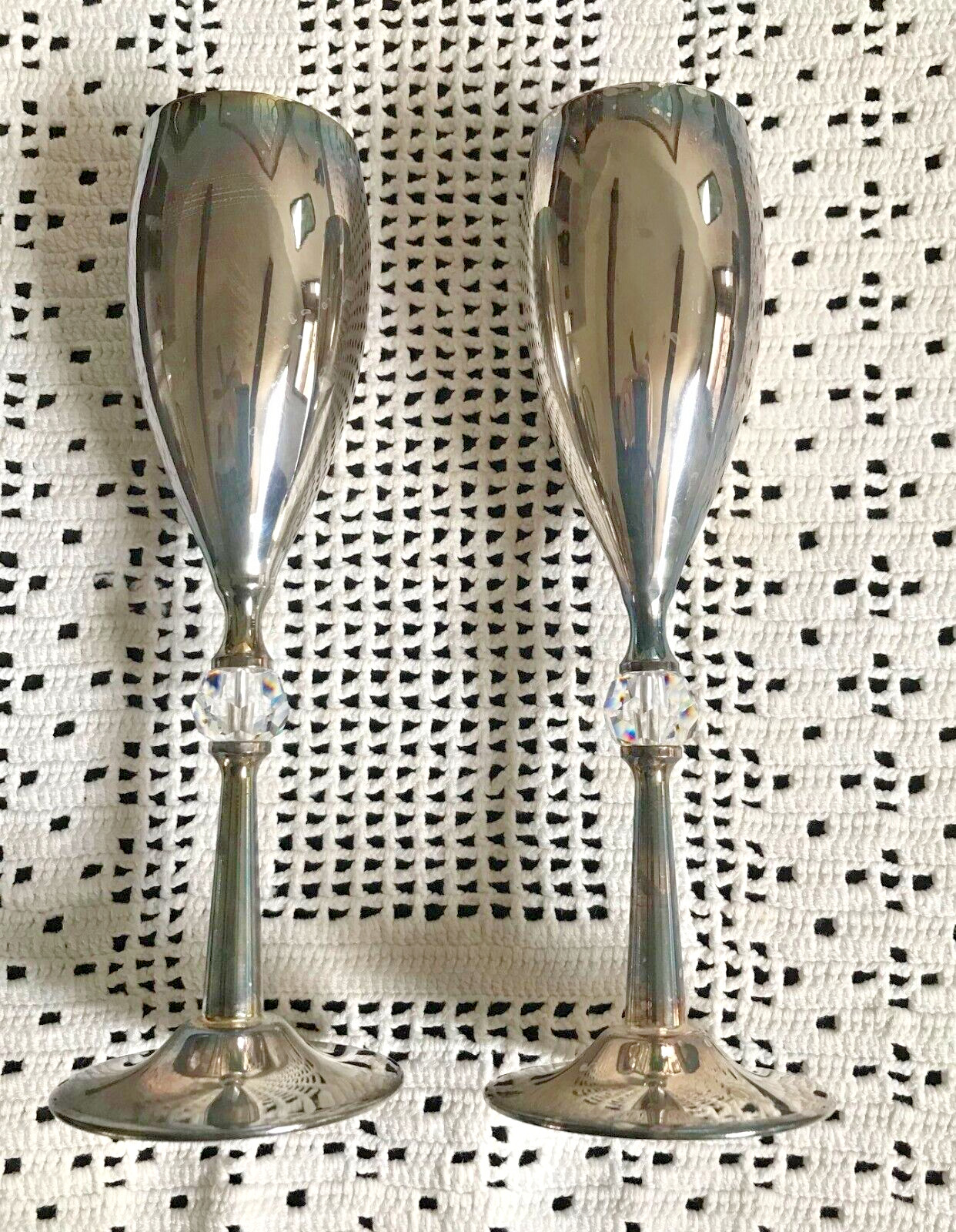2 Vintage Silver Plated Wine Goblets w Crystal Bead in Footed Stem