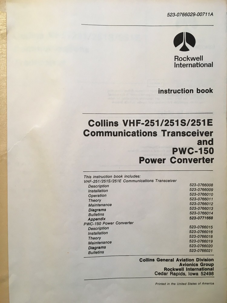 Collins VHF-251, 251S & 251E Install & Service manual
