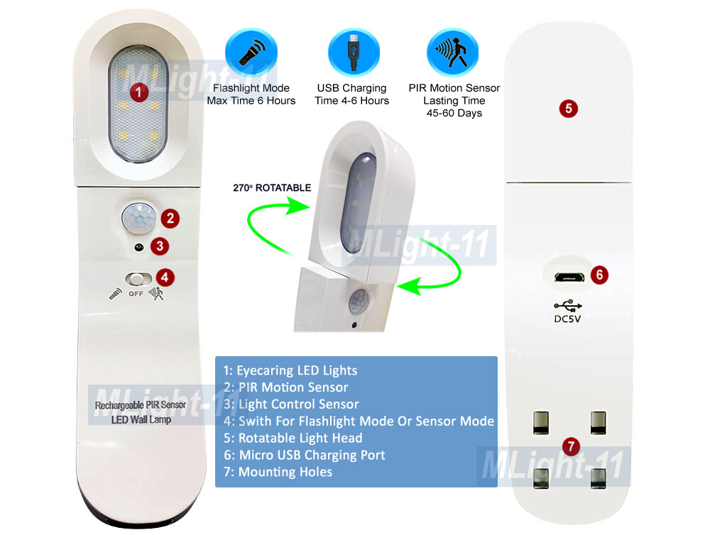 Premium LED Motion Sensor Light Flashlight Night Light DC 5V USB Rechargeable