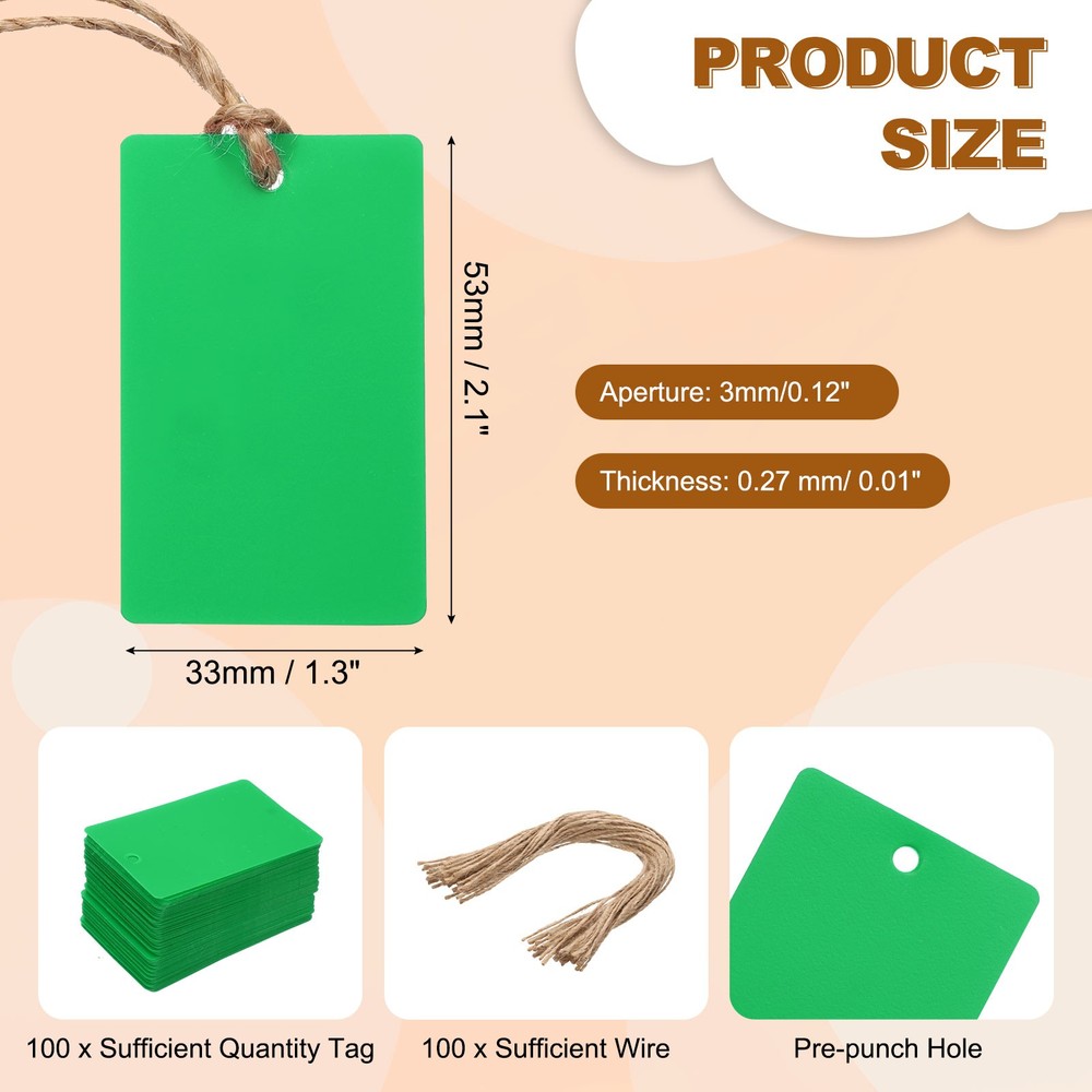 100Pcs Green Plastic Shipping Tags, 2" x 1" Labeling Tags with Thread & Wire