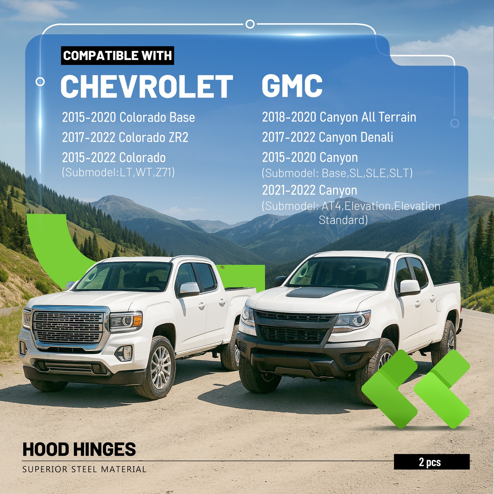 Hood Hinges Pair Driver & Passenger Side For 2015-2022 Chevy Colorado GMC Canyon