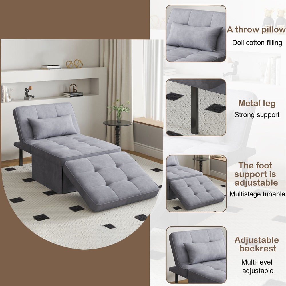 4 In 1 Folding Ottoman Polyester Blend Couch Bed With Adjustable Backrest Chair