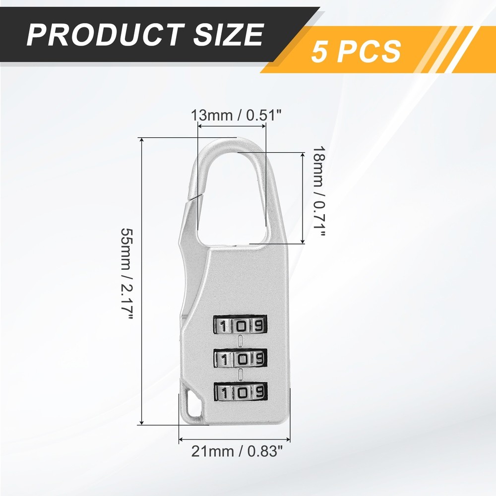 5Pcs Resettable 3 Digit Combination Lock Code Padlock, Silver (55 x 21mm)