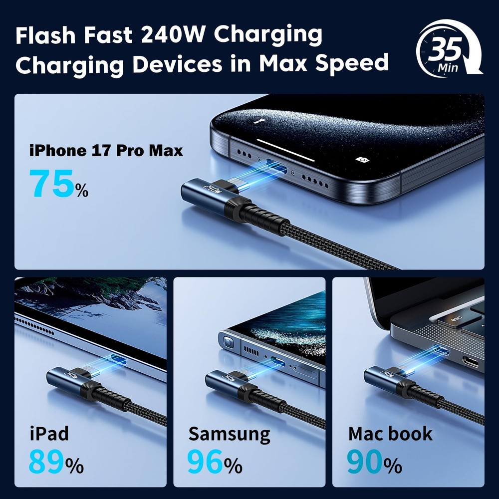 toocki USB C Cable [2Pack, 10ft] 240W Fast Charging Type C 10FT+10FT, Blue