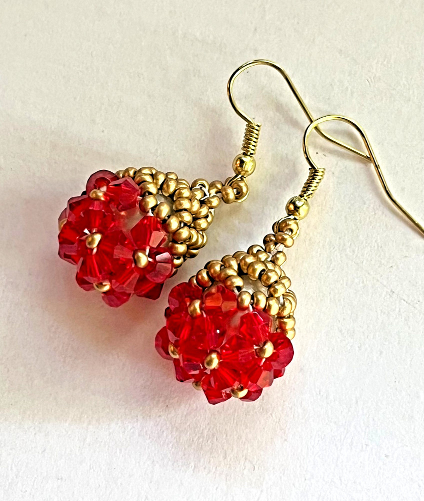 Handmade Red Gold Dangle Beaded Earrings
