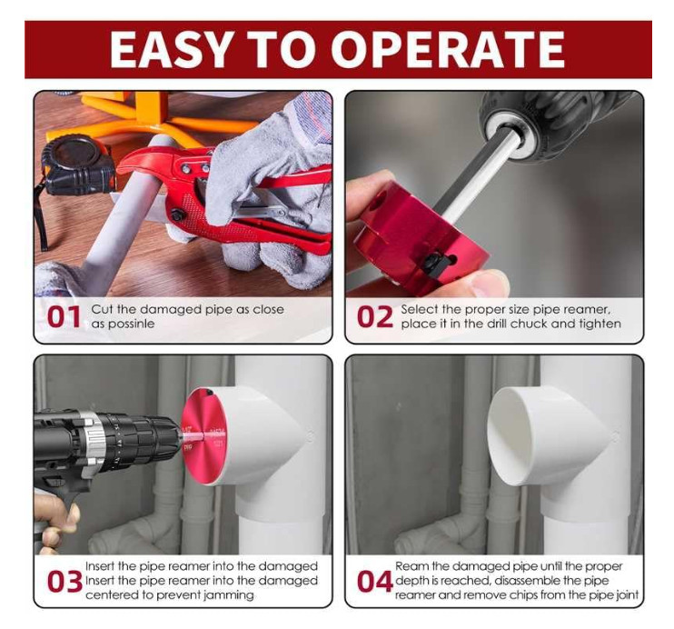 PVC Pipe Reamer Tool, Fitting Saver with1-½-Inch Head Aluminum 3/8'' Hex Shaft