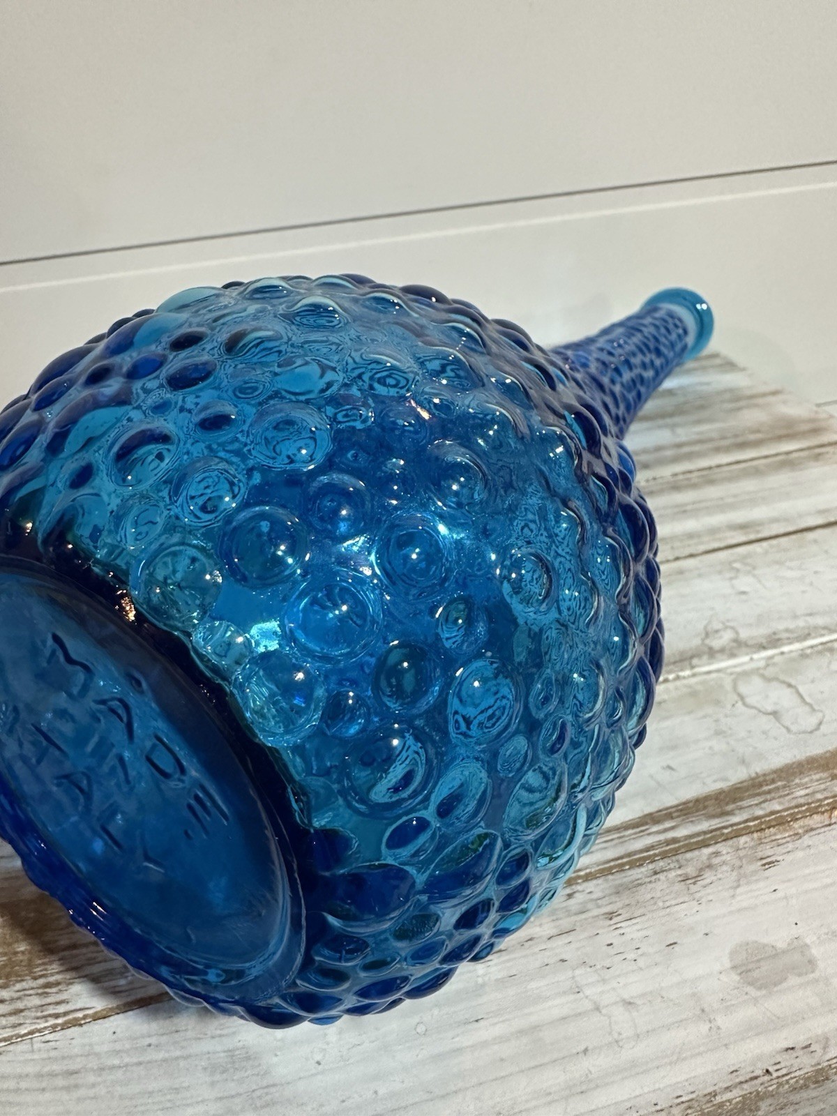 Vtg Blue Hobnail Glass Decanter Genie Bottle 22.75” W/ Stopper Empoli MCM Italy