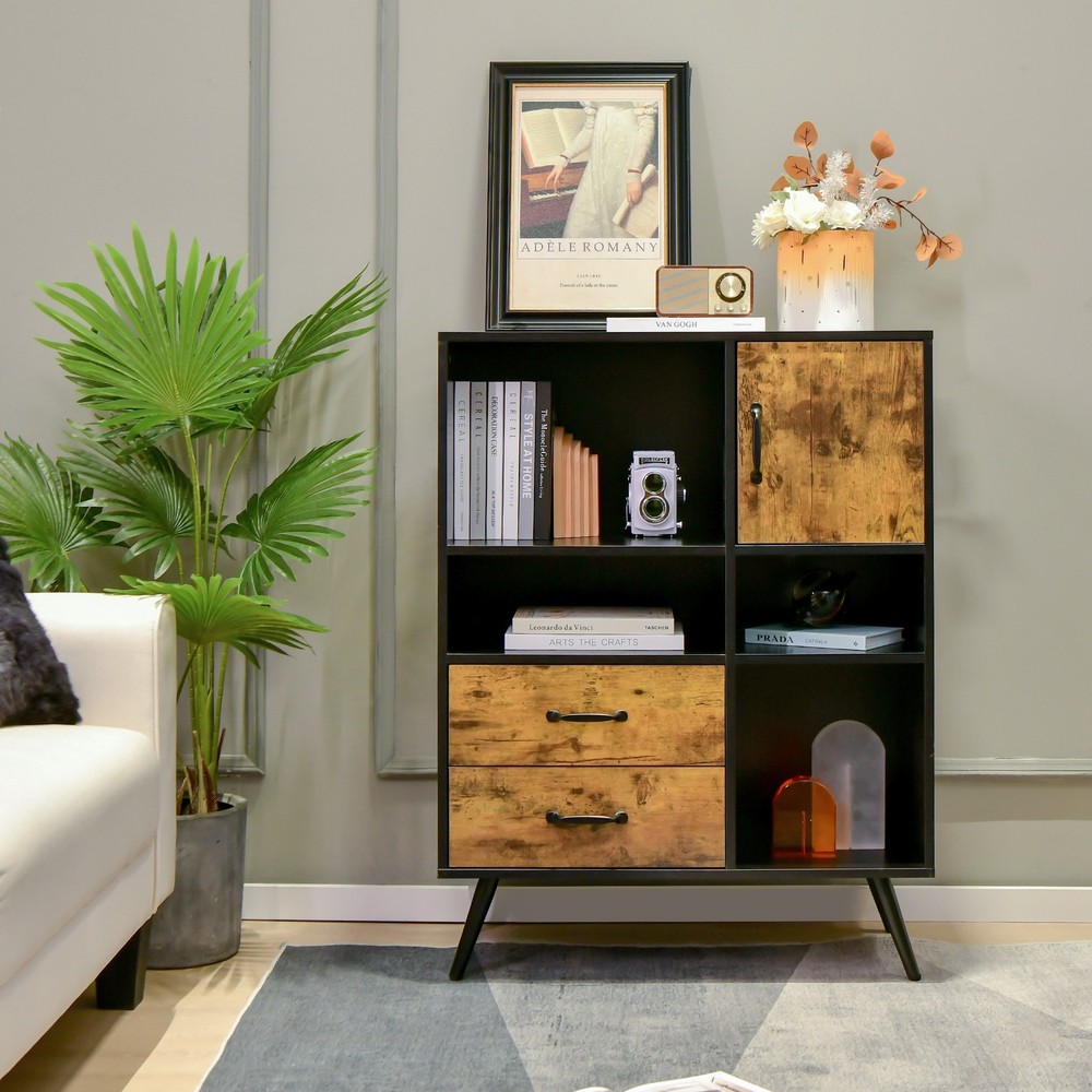 Buffet Cabinet w/ Spacious Tabletop & 2 Pull-out Drawers Rustic Brown Black