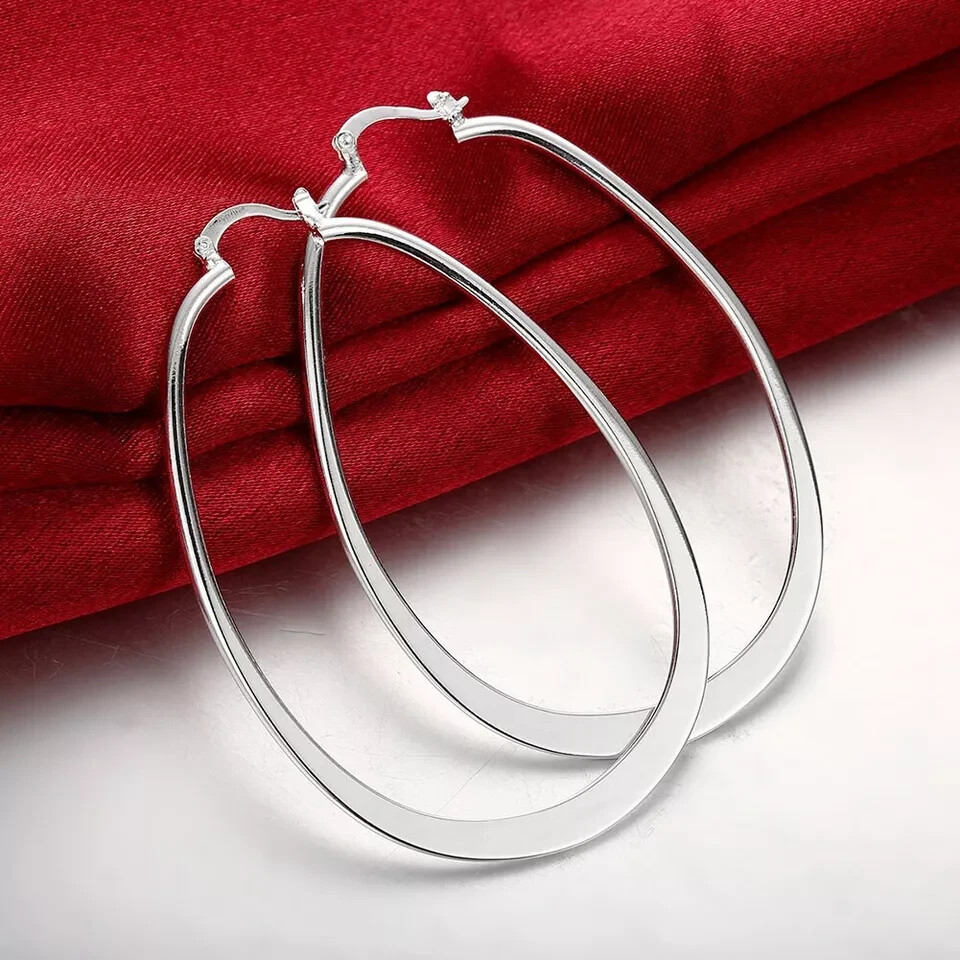 2x Womens 925 Sterling Solid Silver Elegant Oval Shaped Extra Large Hoop Earring