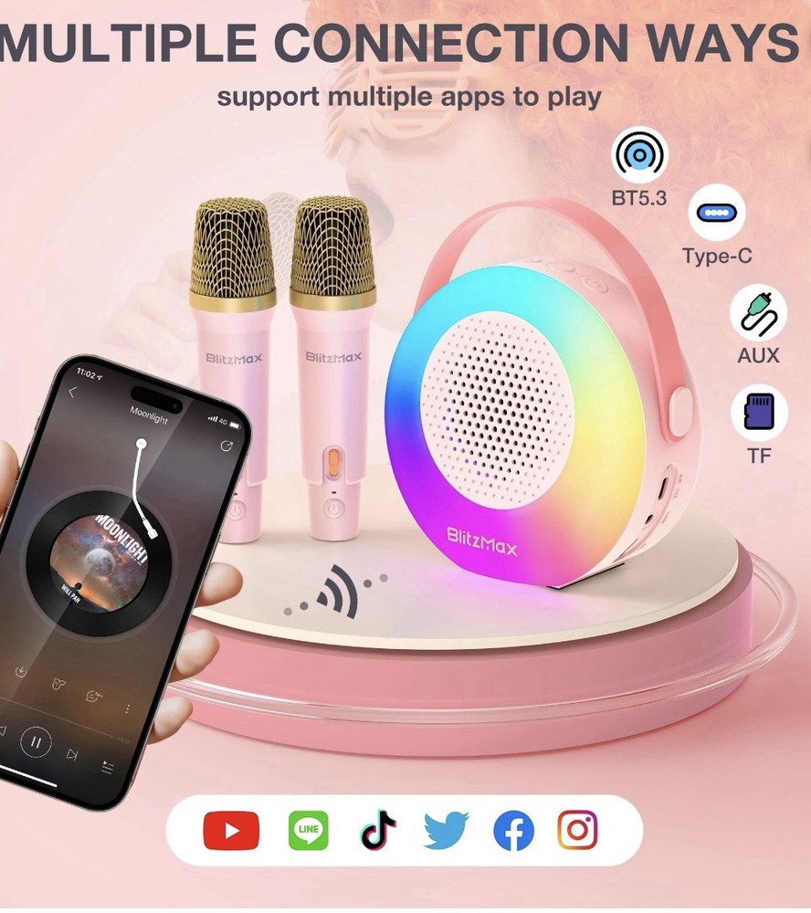Mini Karaoke Machine for Kids, 2 Wireless Mics, Bluetooth