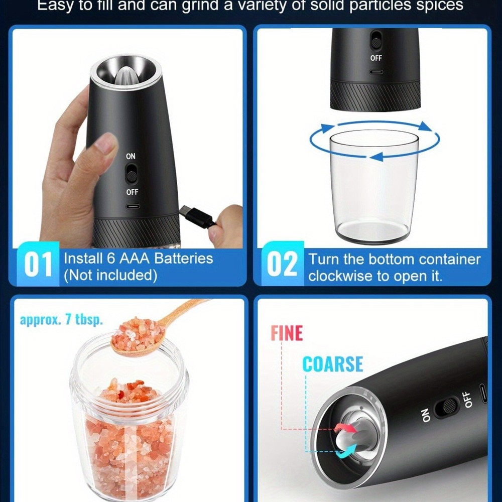 2 Pack Gravity Electric Salt and Pepper Grinder Mill Shaker Adjustable Automatic