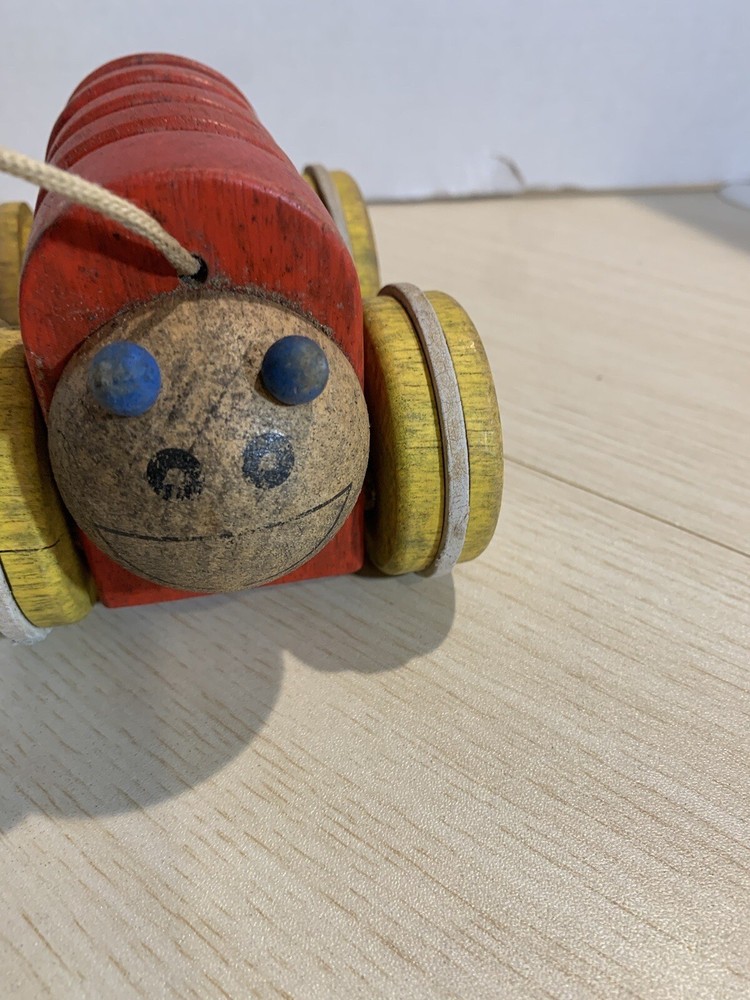 Vintage Inch Worm Pull Toy Solid Painted Wood Action Hand Made 7"
