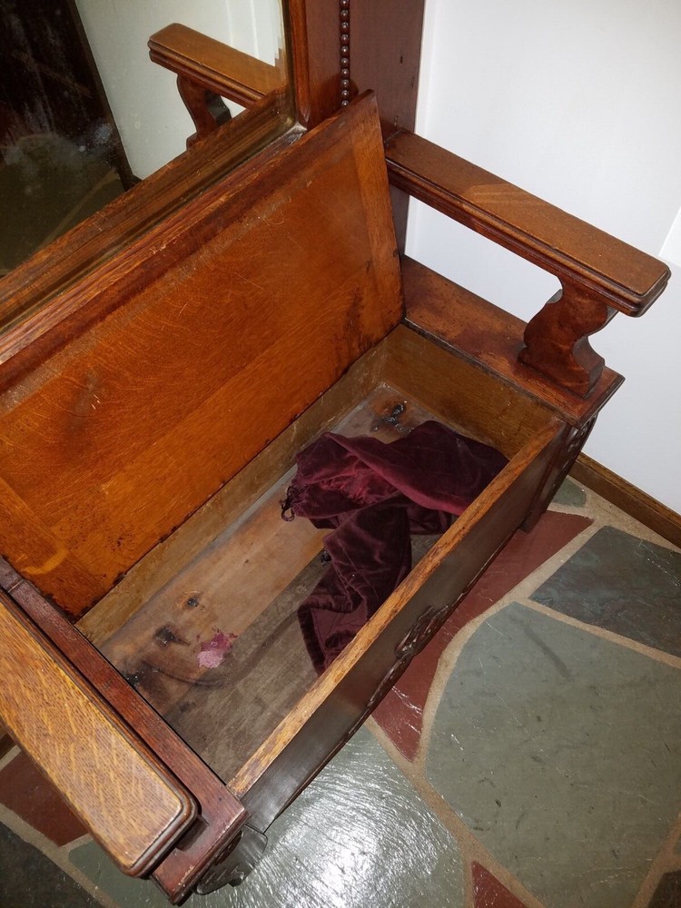 Antique Hall Tree with Hooks and Underseat Storage