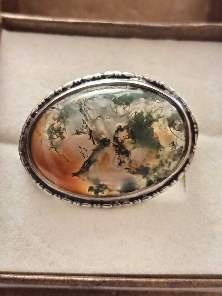 Vintage Silver & Moss Agate Brooch