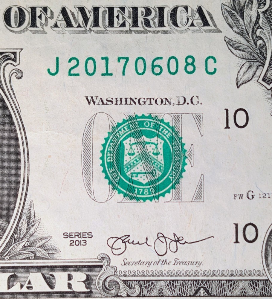2013 $1 bill fancy serial, date note June 08 August 06, 2017. J 20170608 C