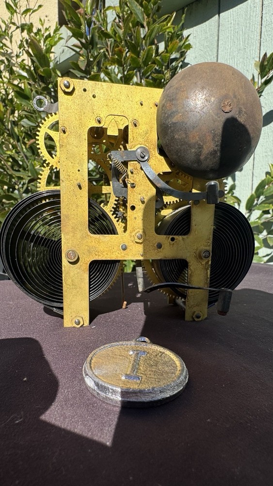 Antique E. Ingraham Co. Brass Clock Movement w/ Pendulum & Bell – Working