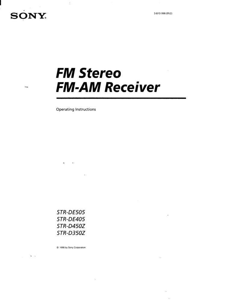 Sony STR-DE405 Amplifier / Receiver Owners Instruction Manual